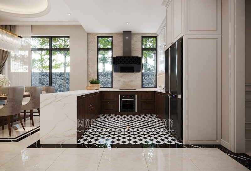 Đá ốp bếp tự nhiên cao cấp với đường vân mây độc đáo tạo vẻ đẹp sang trọng cho không gian bếp đương đại. Đá tự nhiên