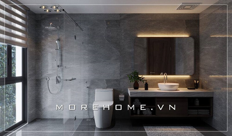 Sử dụng đá ốp phòng tắm cao cấp tông màu xám lạnh mang đến một không gian phòng tắm tuyệt vời. Đá tự nhiên