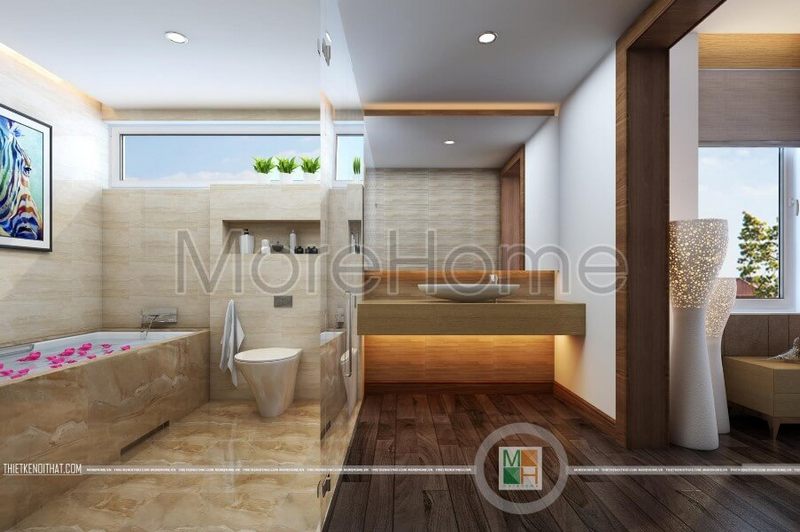 Thiết kế bồn tắm đẹp được ốp đá mặt lưng và sàn cho phòng tắm nhẹ nhàng, tiện nghi Đá tự nhiên