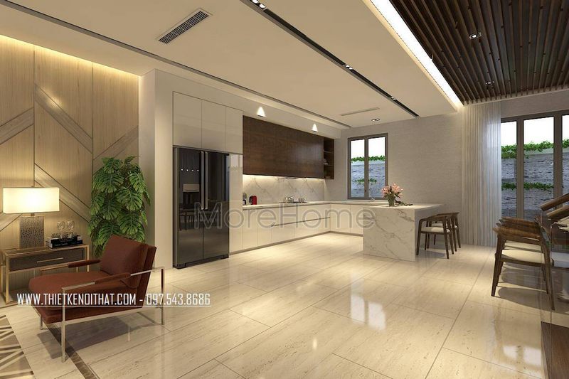 Bàn đảo bếp được thiết kế với chất liệu đá tự nhiên sang trọng và chắc chắn Đá tự nhiên