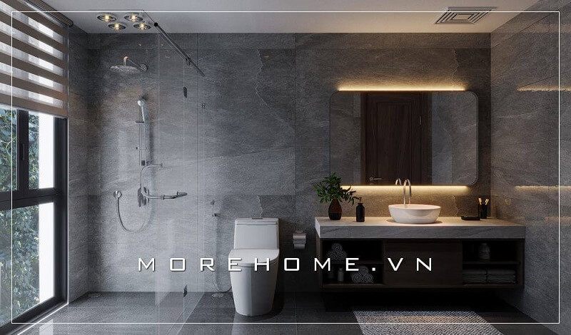 Sử dụng đá tự nhiên ốp phòng tắm tông màu xám lạnh mang đến một không gian phòng tắm tuyệt vời. Đá tự nhiên