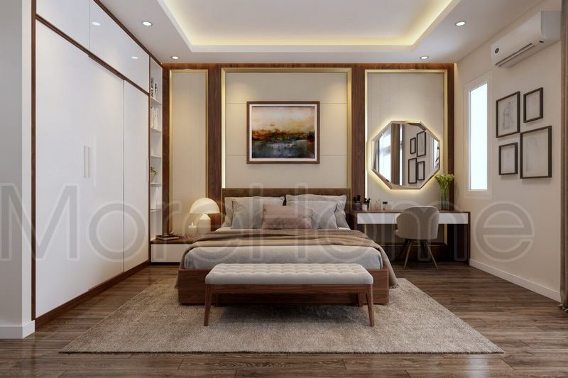 Mẫu giường ngủ gỗ sồi tự nhiên đơn giản nhưng vẫn có phần sang trọng giúp phòng ngủ trở nên gần gũi hơn với thiên nhiên.