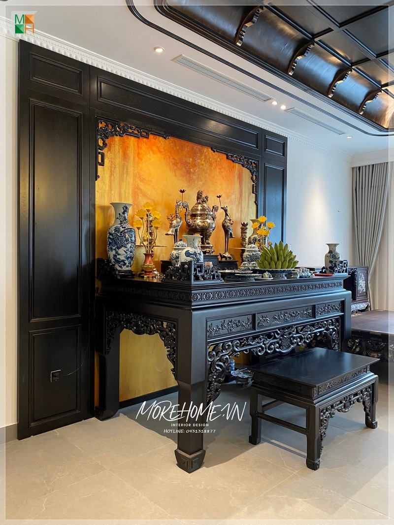 Thi công bàn thờ gỗ tự nhiên phong cách indochine nơi thiêng liêng nhất trong ngôi nhà nơi thờ cúng tổ tiên, cha ông đi trước, cầu bình an, may mắn cho các thành viên trong gia đình